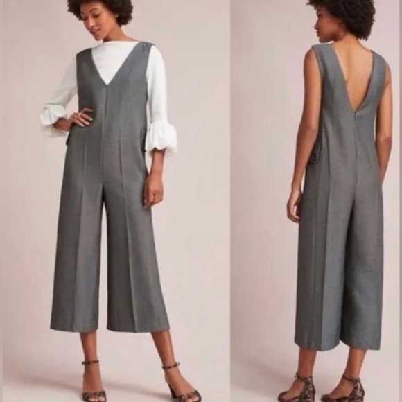Anthropologie Cartonnier Oxford Herringbone Jumpsuit Wide Leg Cropped Size S.. - Picture 1 of 16